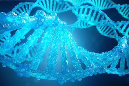 3D Illustration Helix DNA molecule with modified genes. Correcting mutation by genetic engineering. Concept Molecular genetics.